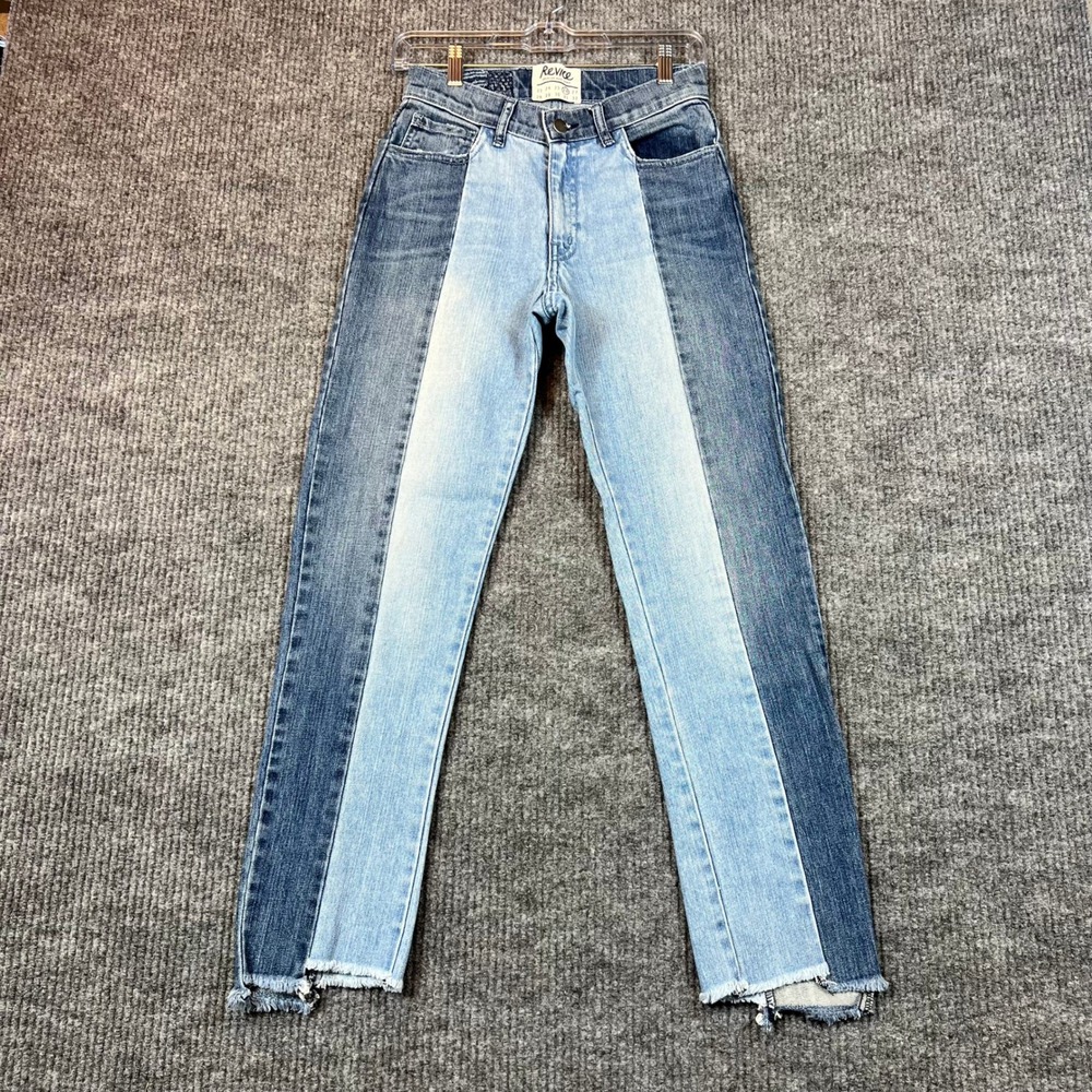 Revice Two-Tone Jeans Cotton Denim Colorblock High Rise Straight Leg Raw Hem 26